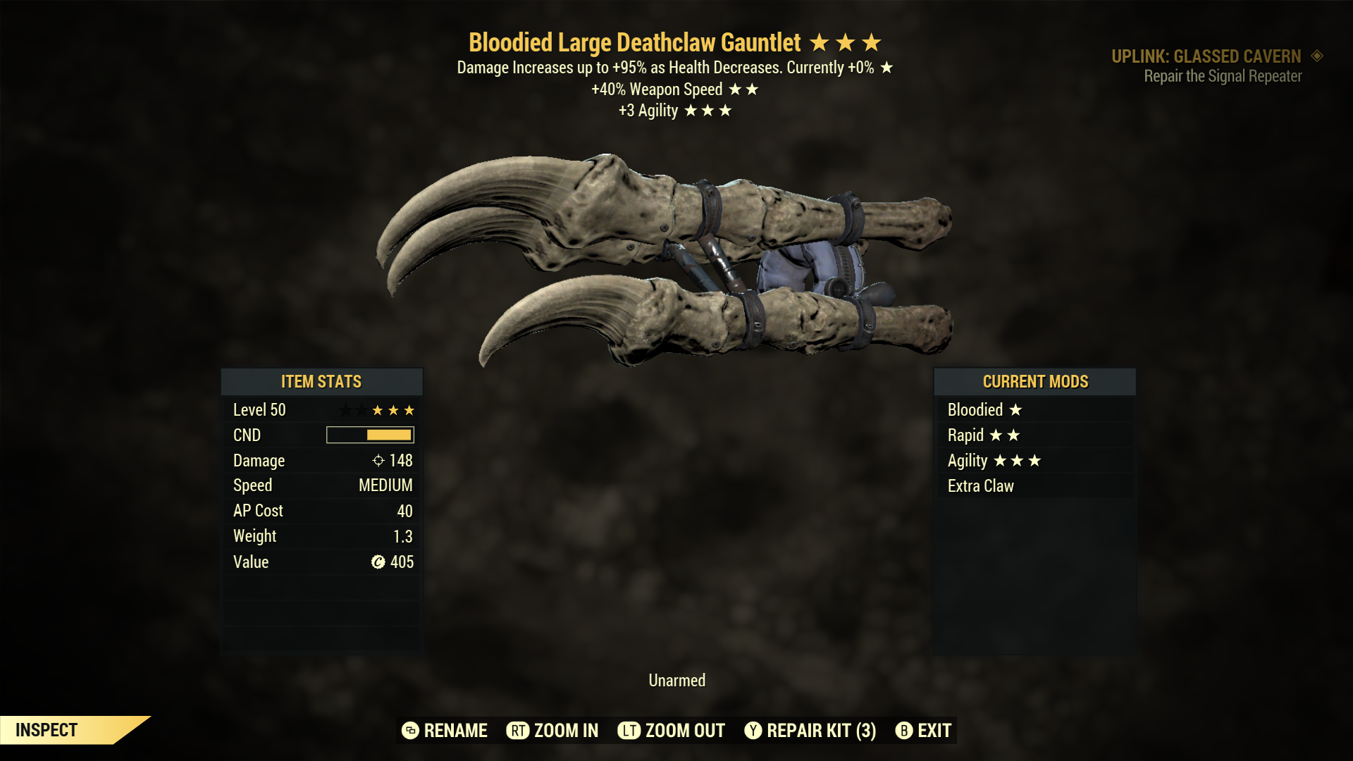 Bloodied【Rapid +Agility】Deathclaw Gauntlet